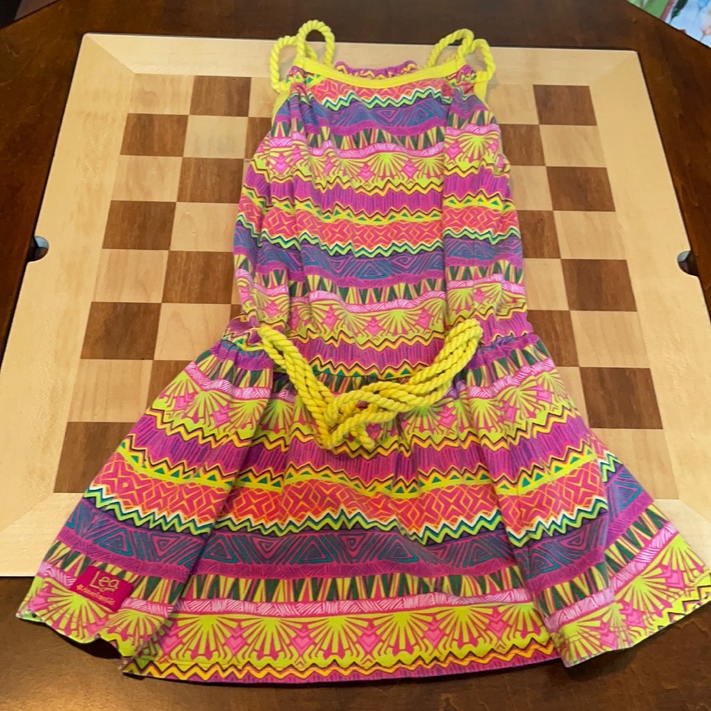 Bright Multi-Color Neon Pattern Girls' Dress with Rope Belt Pre- Mattel American